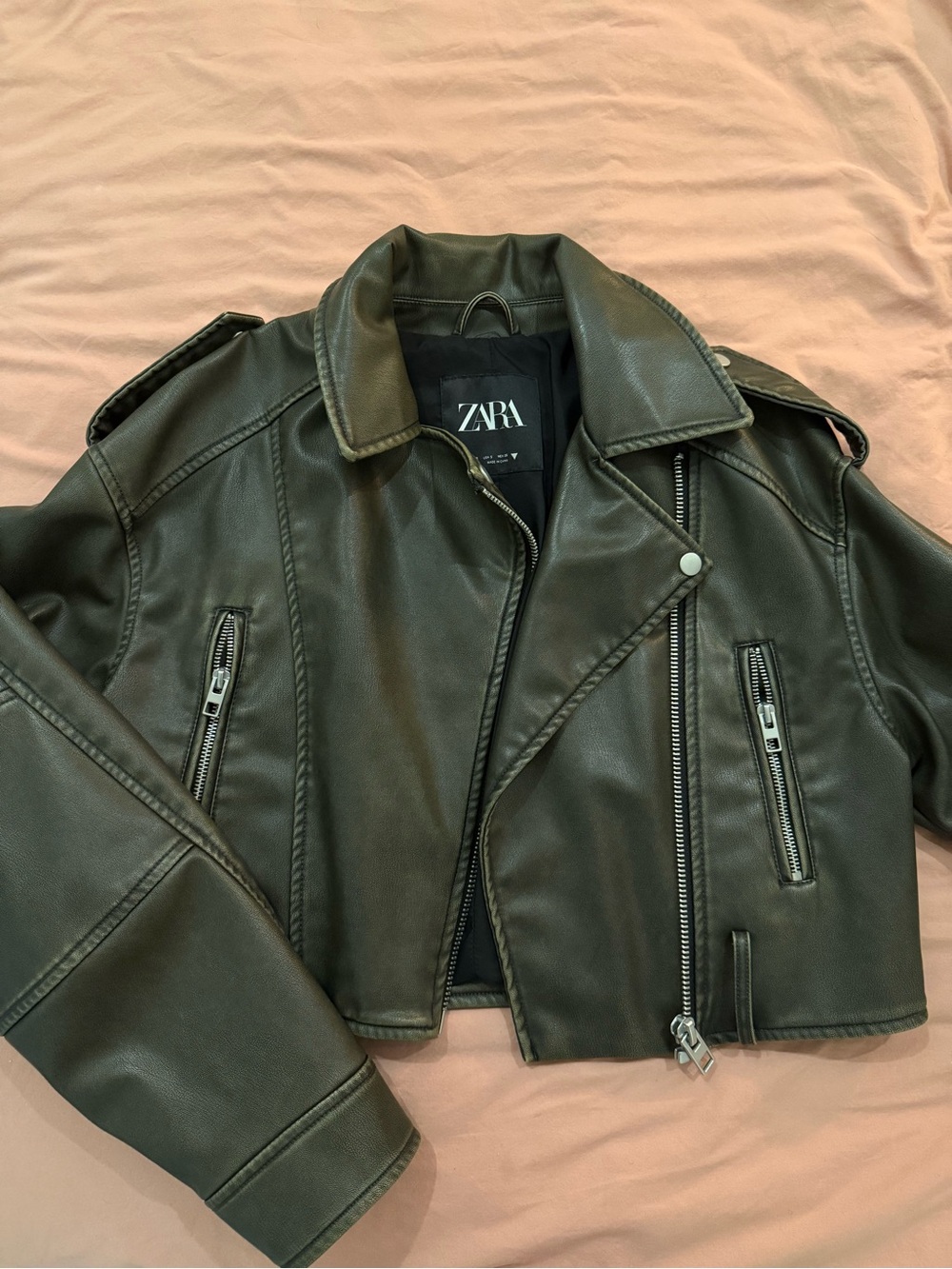ZARA Dark Olive Faux Leather Biker Jacket